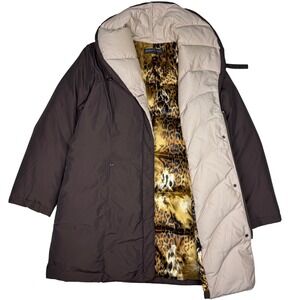 Dana Buchman Down Puffer Coat Womens XL Brown Leopard‎ Lined Full Zip Designer